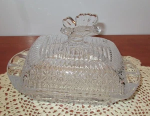 Vintage Clear Crystal Cut Glass Covered Butter Dish with Butterfly Handle Lid - Picture 1 of 8