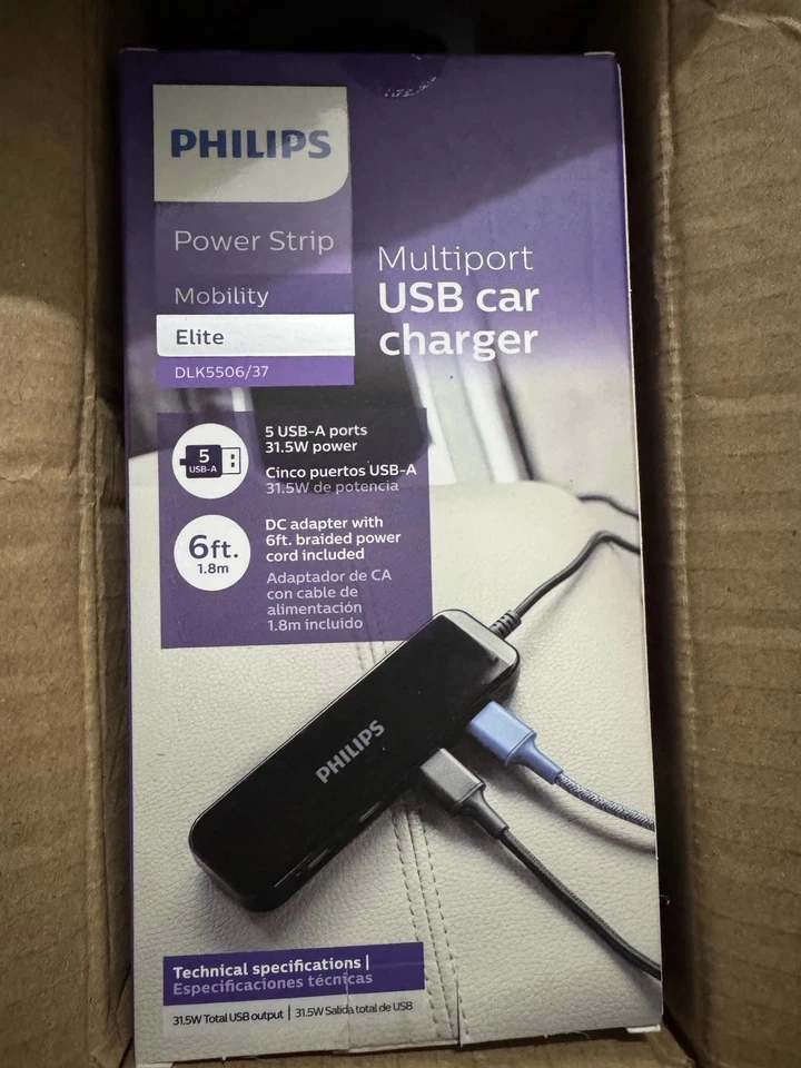Carregador de carro USB multiporta Philips Power Strip novo em folha (DLK5506/37) - Imagem 1 de 2
