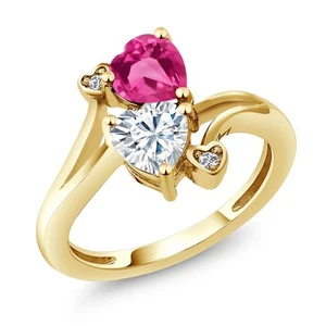 18K Yellow Gold Plated Silver Pink Created Sapphire White Moissanite and White - Picture 1 of 6