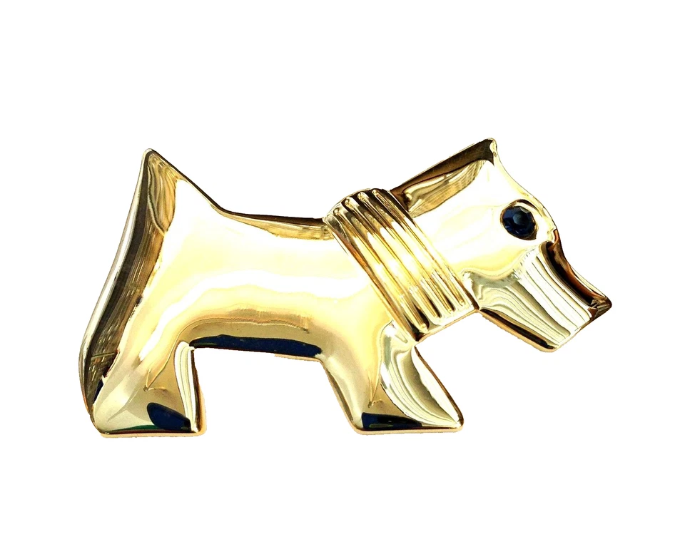 Broche prendedor Terrier perro chapado en oro amarillo metal con ojo de cristal azul  Foto 1 de 1