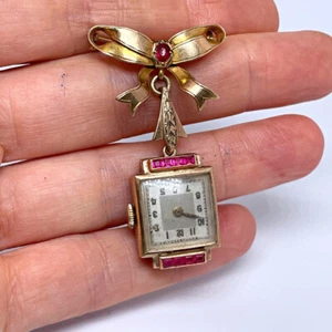 SCRAP GOLD 9K YELLOW GOLD RUBIES BROOCH WATCH ! or RESTORE! - Picture 1 of 7
