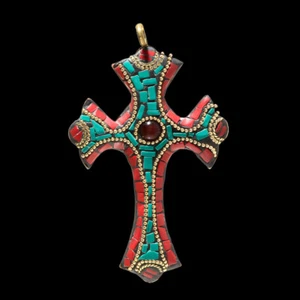 Türkis, Onyx & rote Koralle Edelstein Tibatan neues Design Boho Kreuz Anhänge... - Bild 1 von 1