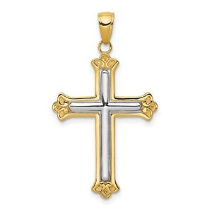 10k Two Tone Gold Cross in Budded Yellow Cross Frame Charm Pendant 30 mm x 19 mm
