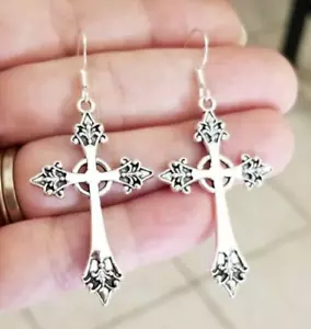 Large Cross Earrings Sterling Silver Cross Earrings Cross Dangle Earrings Gothic - Picture 1 of 6