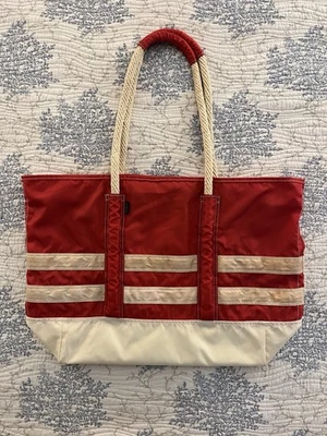 Barco y bolso de mano de nailon a rayas rojas y beige LL BEAN de colección años 90 con asas de cuerda cremallera Foto 1 de 4