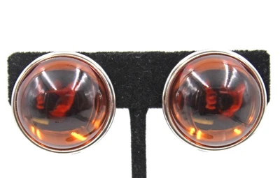 Lalique France Amber Brown Cabochon Crystal & Silver Tone Metal Clip-on Earrings - image 1 of 4
