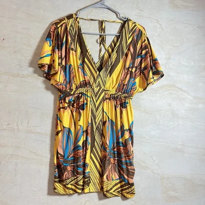 Mini Vestido Arden B. M Amarillo Floral Cuello en V Cubrir Seda Boho Playa Foto 1 de 4