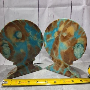 Vtg Art Deco Italian Alabaster Marble Turquoise & Brown Globe Bookends Earth - Picture 1 of 13