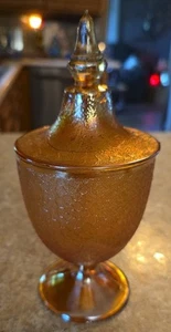 Vintage Carnival Glass Covered Candy Dish Marigold Orange Iridescent - Picture 1 of 7