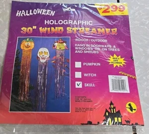 Vintage Y2K 30” Die Cut Cardboard Skull Holographic Wind Streamer New Old Stock  - Picture 1 of 6