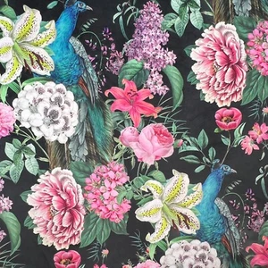 Digital print, soft & durable plush Velvet fabric 290gsm - Peacock Blossom - Jet - Picture 1 of 3