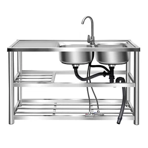 2 Compartment Commercial Sink Stainless Steel Kitchen Utility Sink + Prep Table - Picture 1 of 17