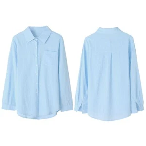 Women Solid Color Lapel Long Sleeve Cotton Linen Shirt Casual Button Blouse Tops - Picture 1 of 23