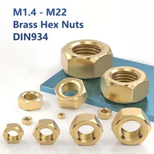 M1.4 M1.6 M2 M2.5 M3 M4 M5 - M22 Brass Hex Nuts DIN934 Metric Full Nuts Fastener - Picture 1 of 27