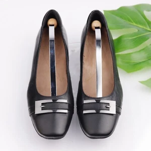 Clarks Women's Blanche West Flat Size 9 Shoe Black Leather Silver Buckle Elegant - Picture 1 of 15