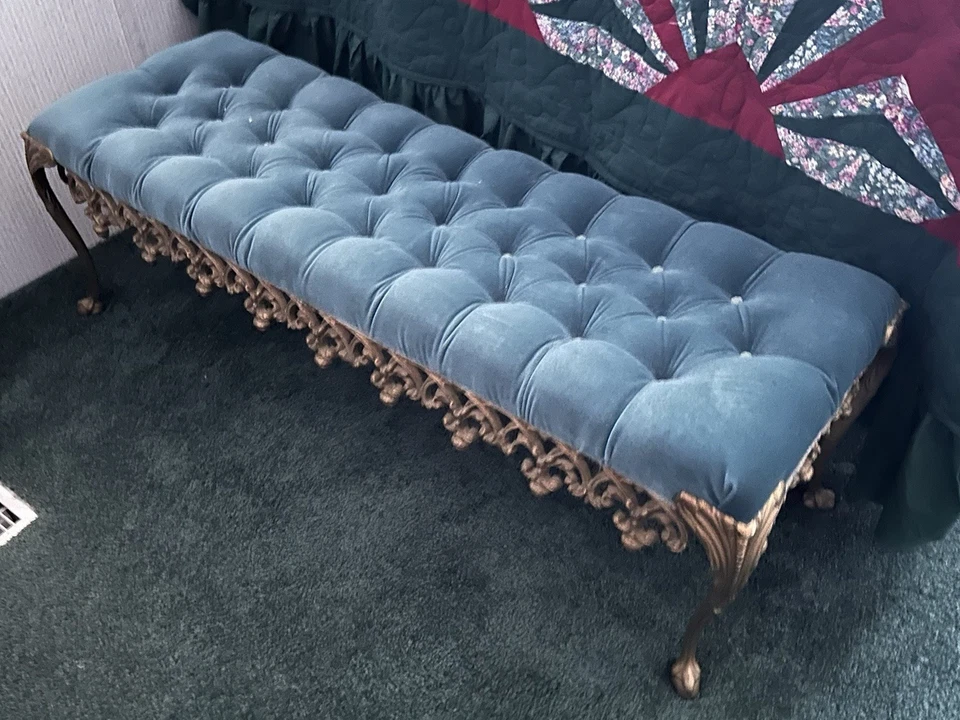 Vintage French Hollywood Regency Bed Side Forrest Green Cast Iron Bench - Image 1 of 1