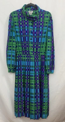 VTG 80s Leslie Fay Secretary Dress Sz 12 Long Sleeve Pleated Midi Blue Green - Image 1 of 4