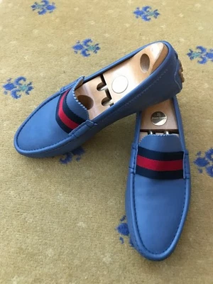 Gucci Leather Blue Web Red 304763 Shoes Loafers Drivers Mens UK 8 US 9 EU 42 - image 1 of 4