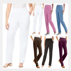 Women Elastic Waist Straight Solid Casual Pants Comfy Lounge Pants with Pockets - Picture 1 of 52