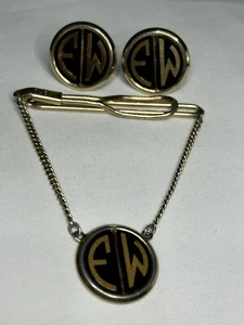 Vintage SWANK Cuff Links & Tie Bar Clip Set ~ Goldtone ~ FW Monogram Initials - Picture 1 of 15