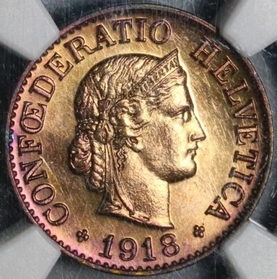 1918 NGC MS 65 Switzerland Brass 10 Rappen Mint State Swiss Coin (20052805C) - Image 1 of 4