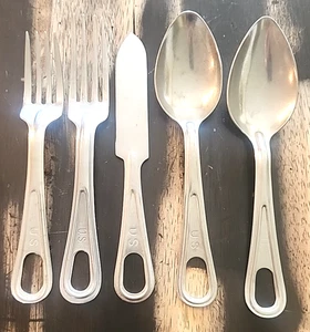 Lot of 5 Vintage US Military Field Mess Kit Utensils Spoon Fork Knife Stainless - Picture 1 of 7
