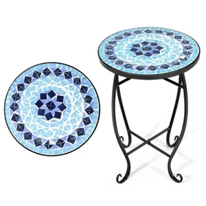 Indoor/Outdoor Blue Mosaic Round Side Accent Table Plant Stand - Picture 1 of 1