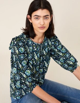 Top túnica Monzón azul medio estudio artesanal algodón orgánico estampado en bloques Foto 1 de 4