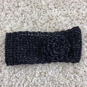 youth girls winter knit headband black silver tinsel ear warmer flower buttons - Picture 1 of 6