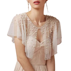 Women Pearl Beaded Shoulder Lace Tulle Bride Dress Shawl Poncho Cape Wrap Girl - Picture 1 of 12