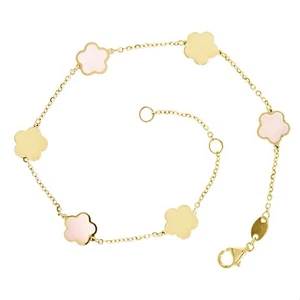 Italienisch 14k Gelbgold Perle Blume Charm Station Armband 7,5" 7,2 mm 1,9 Gramm - Bild 1 von 4