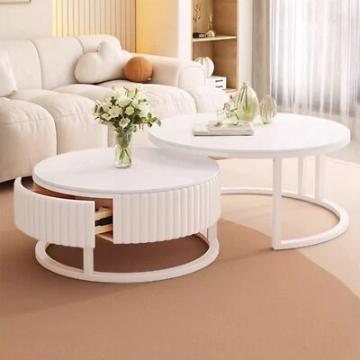 White Nesting Coffee Table Set Of 2 Boho Round Coffee Table With Wooden Storage - Image 1 of 4