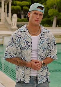 Youngla 4093 MOSAIC LINEN BUTTON-UPS Shirt Mens size XL White Blue Mosaic - Picture 1 of 4