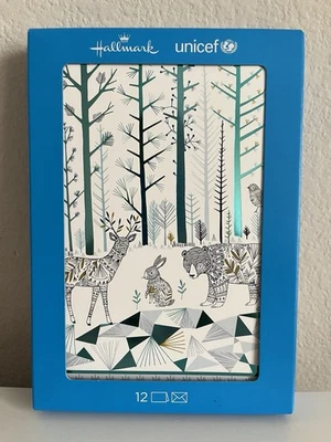 Juego de 12 tarjetas de felicitación Hallmark Unicef Woodlands animales nieve Navidad en caja Foto 1 de 4
