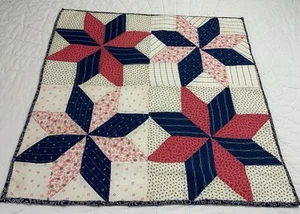 Antique Vintage Patchwork Quilt Table Topper, Star, Early Calicos, Pink, Navy - Picture 1 of 23