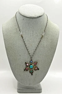 DD13 Vintage Sterling Silver And Colorful Cabochons Star Cross Pendant Necklace - Picture 1 of 7