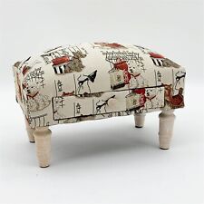 Dog Pattern Fabric Vintage Footstool with Drawer Scottie Footrest 4 Wooden Legs