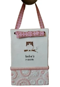 Grasslands Road Owl Pink Baby Nursery Sign Bebe's Room Ceramic Plaque Ribbon - Picture 1 of 12