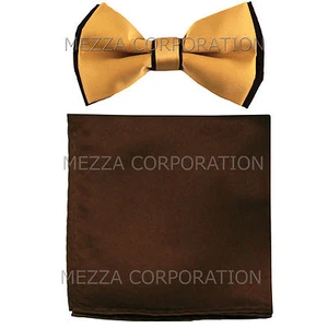 New Men's Pre-tied Bowtie And Brown Hankie Set Two Tone Formal Party Prom Gold - Picture 1 of 3