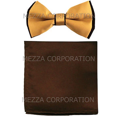 Nuevo Conjunto de Pajarita y Pañuelo Marrón Preatado Para Hombre Dos Tonos Formal Fiesta Baile de graduación Dorado Foto 1 de 3