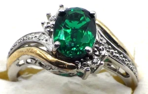 BELLISSIMO ANELLO IN ARGENTO STERLING E 1OK CON PIETRA VERDE E DIAMANTI MISURA 7 - Foto 1 di 8