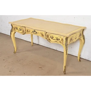 Karges French Louis XV Chinoiserie Cream Lacquered Leather Top Bureau Plat Desk - Picture 1 of 11