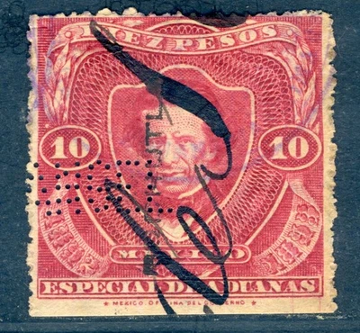 México Ingresos, Aduanas, 1892, (PUERTO) ÁNGEL perfin, Sobreimpresión POCHUTLA, $10p Foto 1 de 3