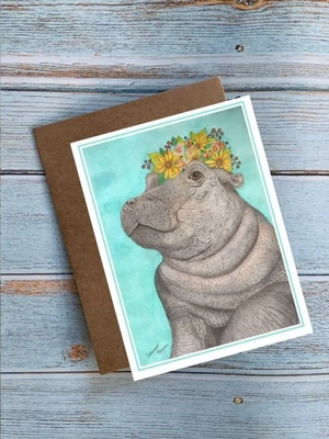 Boho Baby Hippo, al igual que Fiona, tarjeta de nota de corona floral, tarjeta de felicitación #0896 Foto 1 de 2