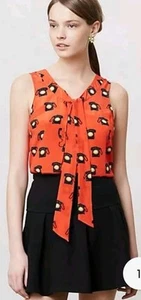 ANTHROPOLOGIE MAEVE Sz 6 Red Silk Ring True Shell Top Telephone Print - Picture 1 of 18