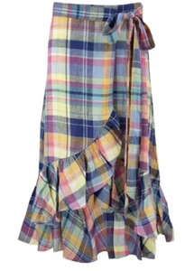 Polo Ralph Lauren Ali Madras Check Linen Wrap Skirt Multicolor Size 6 NWOT - Picture 1 of 11