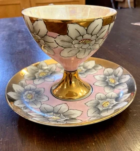 Vtg Floral Lusterware Opalescent Gold Pink & White Tea Cup and Saucer Unsigned - Picture 1 of 17