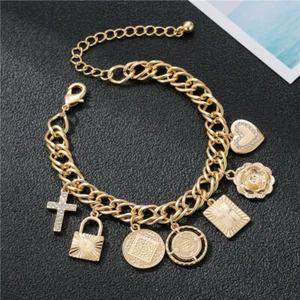 24Kt Golden Charm Bracelets Cuff Bangle Chain Luxury Statement Women's Jewelry - Picture 1 of 11