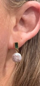 Baroque Natural Freshwater Pearls & Emerald Zircon Earrings 18kt gold over 925SS - Picture 1 of 13