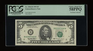 DBR 1995 $5 FRN New York Gem Fr. 1984-B PCGS 58 PPQ Serial B83997066B - Picture 1 of 2